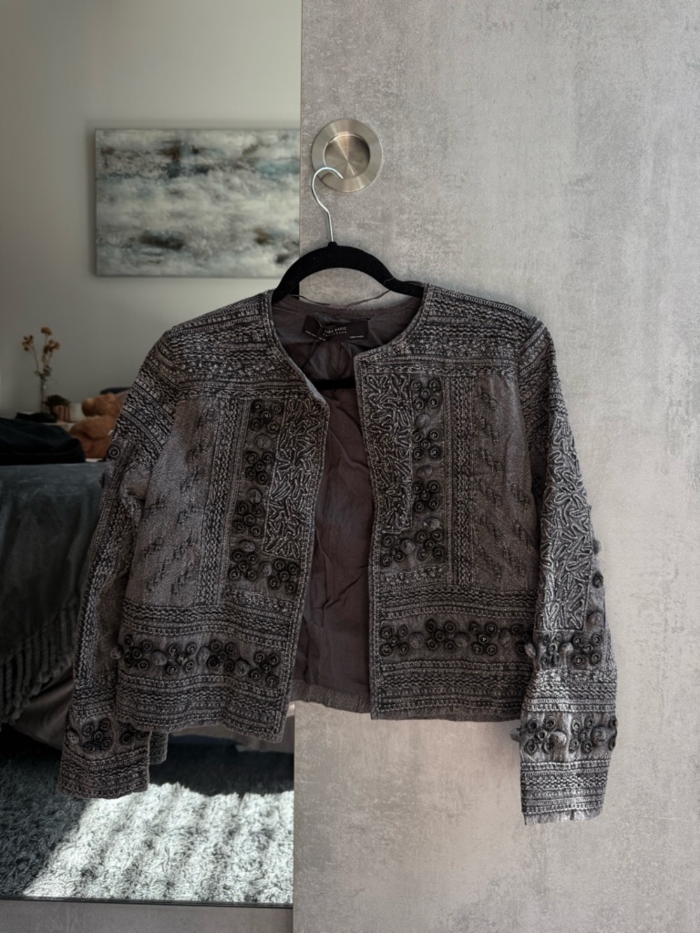 NWT Zara Embroidered Gray Beaded Jacket